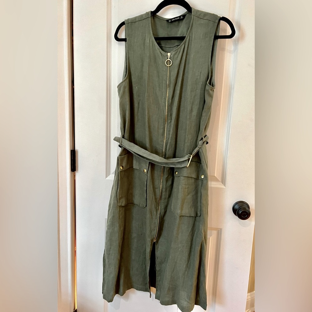 Zara olive green linen dress with full zipper front and belt